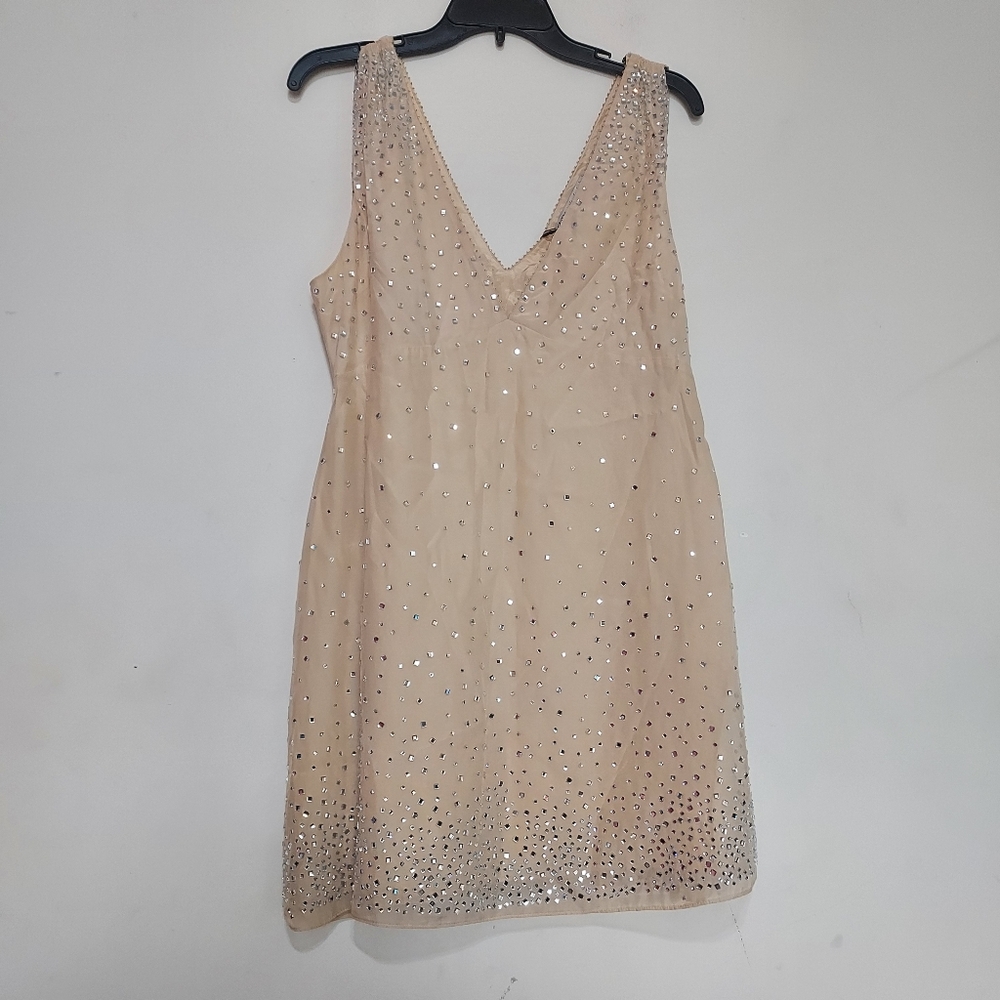 Zara ZW Collection Sparkly Rhinestones Cream Sleeveless Mini Dress Sz-L - Picture 6 of 9